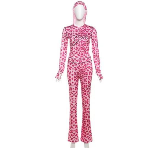 Printed hooded cardigan top leopard print high waisted tight pants set