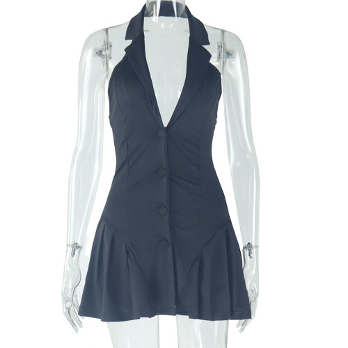 V-neck hanging neck dress, short skirt, backless, sleeveless, hip hugging skirt