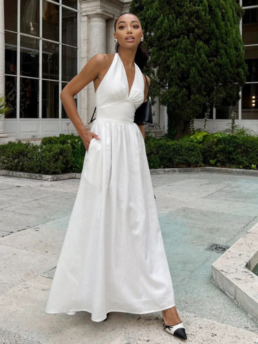 Cotton waist cinched V-neck suspender long dress