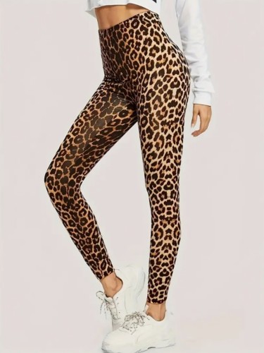 Leopard print leggings with high waist, tight fit, and stretch yoga cropped pants
