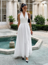 Cotton waist cinched V-neck suspender long dress