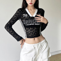 Solid color exposed navel V-neck long sleeved printed top