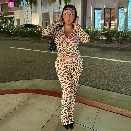 Printed hooded cardigan top leopard print high waisted tight pants set