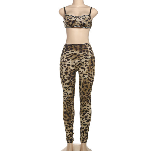 Leopard print suspender high waisted tight pants two-piece set