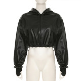 PU leather hooded long sleeved pleated short zipper cardigan jacket