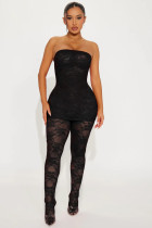 Hollow lace perspective chest wrapped dress and pants two-piece set