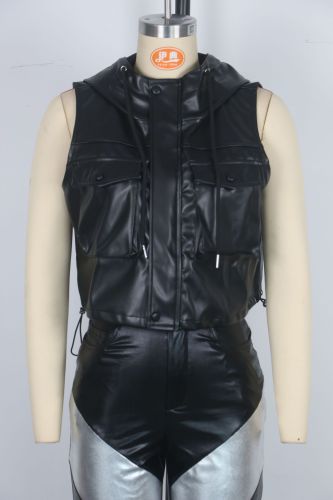 Drawstring hooded pocket PU leather zipper short vest leather jacket