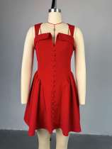 Square collar buckle high waist hip hugging short skirt