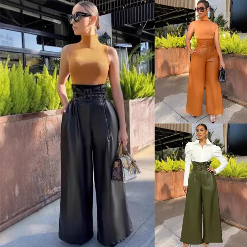 High waisted pants, PU leather pants, wide leg pants