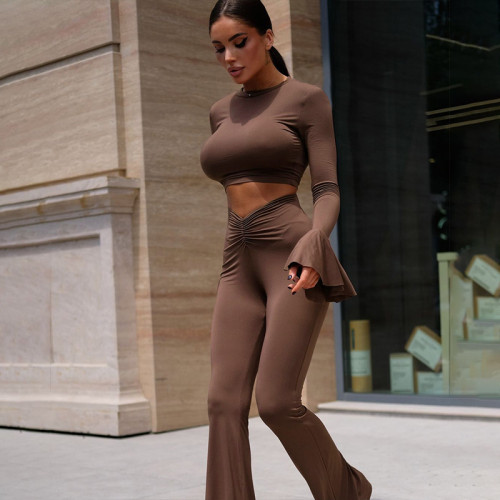 Solid color ruffled long sleeved pleated pants set