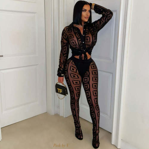 Printed mesh see through shirt and pants set