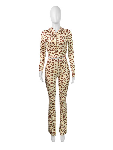 Leopard print long sleeved hooded two-piece set
