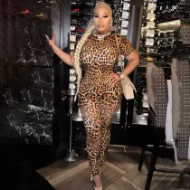 Leopard print short sleeved backless jumpsuit