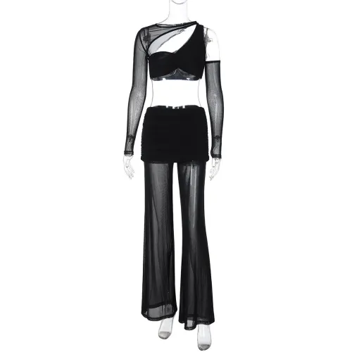 Long sleeved mesh spliced top and pants two-piece set