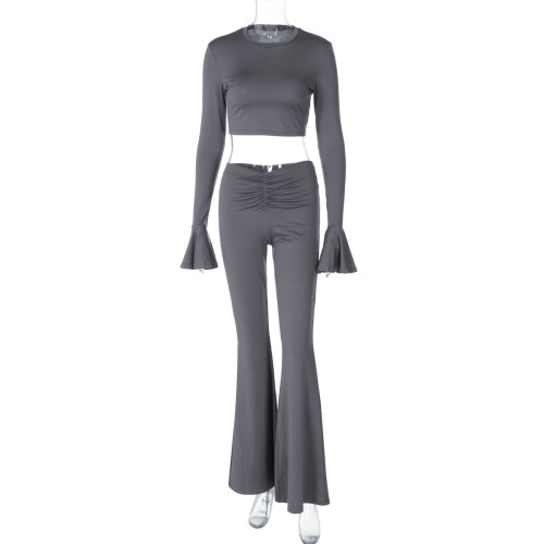 Solid color ruffled long sleeved pleated pants set