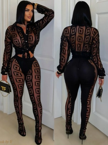 Printed mesh see through shirt and pants set