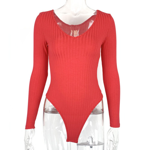 V-neck solid color long sleeved base jumpsuit
