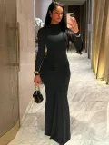 Round neck long sleeved pleated fish tail long dress