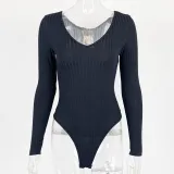 V-neck solid color long sleeved base jumpsuit