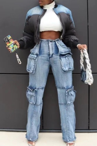 Splicing multi pocket accordion denim pants