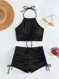 Split swimsuit with flat corner drawstring