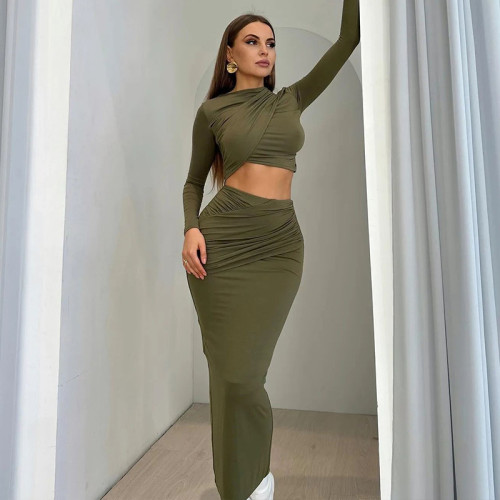 Round neck irregular long sleeved crop top half skirt two-piece set