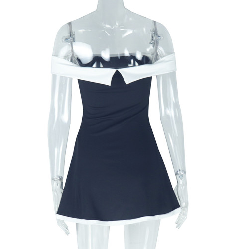One collar color blocked backless high waisted short dress
