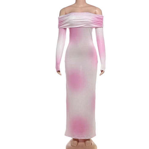 One shoulder shiny gradient color hip hugging jumpsuit long skirt