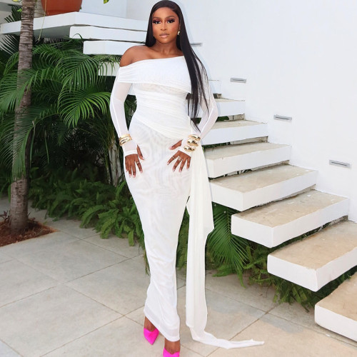 One collar off shoulder long sleeved mesh patchwork skirt