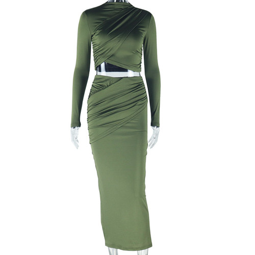 Round neck irregular long sleeved crop top half skirt two-piece set