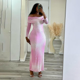 One shoulder shiny gradient color hip hugging jumpsuit long skirt