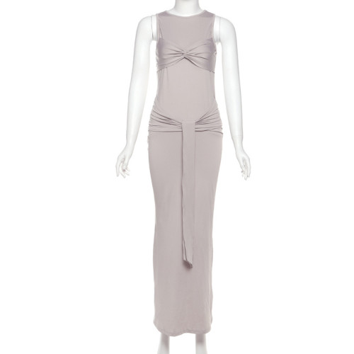 Hooded sleeveless round neck tied dress