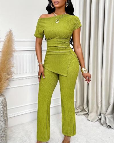 Solid color slanted shoulder collar slit high waist set