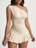 Slanted collar high waisted flying edge dress