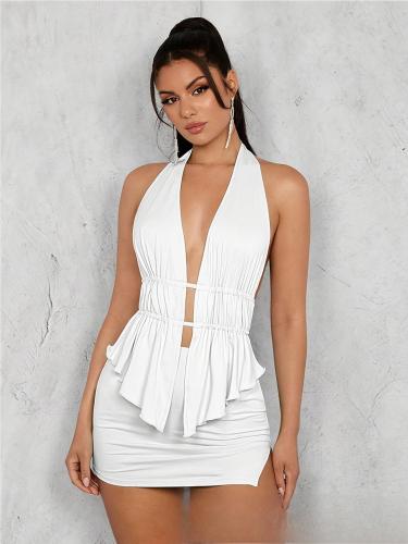 Umbilical hanging neck strap with ruffled edge short skirt