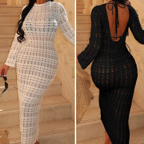 Hollow texture long sleeved dress