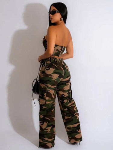 Camouflage strap strapless vest straight leg pants set