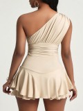 Slanted collar high waisted flying edge dress