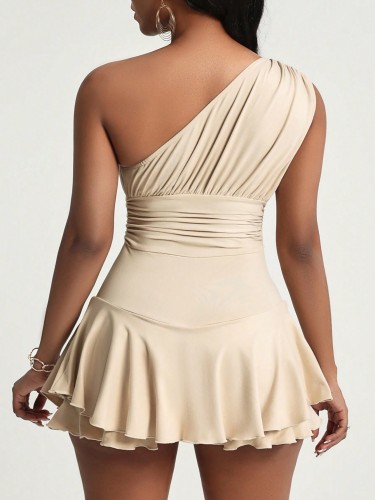 Slanted collar high waisted flying edge dress