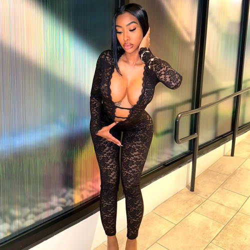 Lace see through zipper jumpsuit