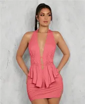 Umbilical hanging neck strap with ruffled edge short skirt