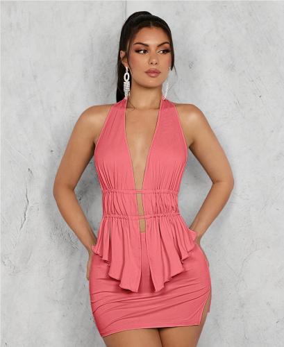 Umbilical hanging neck strap with ruffled edge short skirt