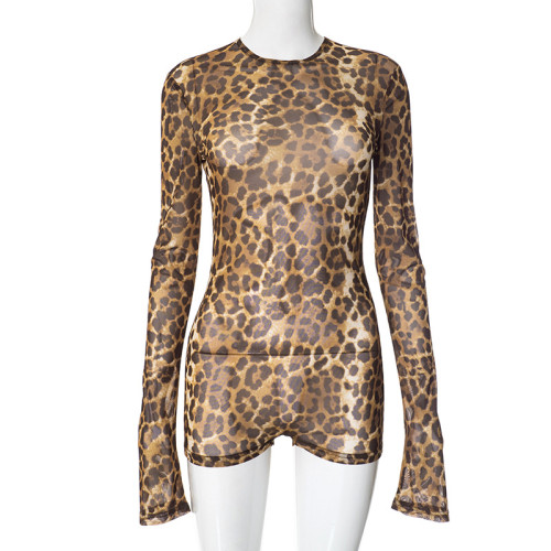 Round neck pullover leopard print mesh hollow button jumpsuit