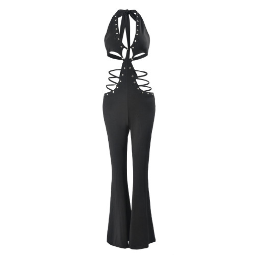 Sleeveless lace up backless micro flared wide leg jumpsuit