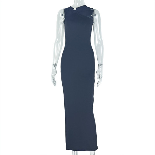 Metal pleated one-step skirt with hip wrap and neck hanging, long dress
