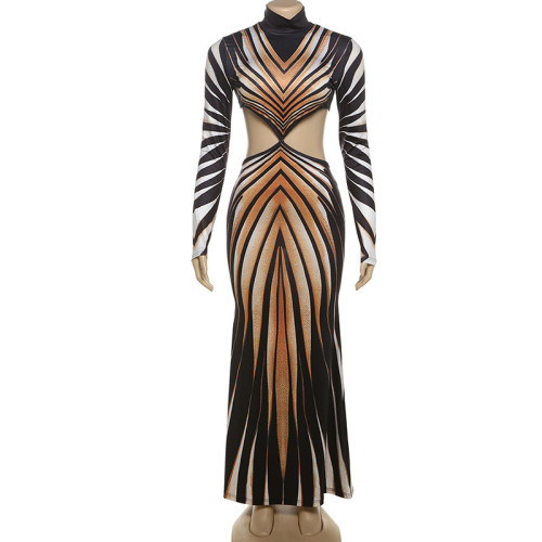 Half high neck digital printed waist revealing dress