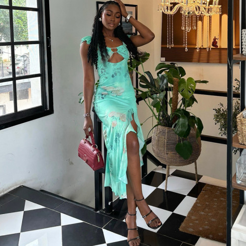 Split ruffle edge irregular skirt with buttocks wrapped dress