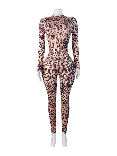 Leopard print pants with zipper print jumpsuit