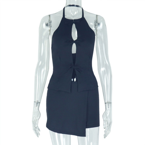 Hollow out pleated hip hugging skirt two-piece set