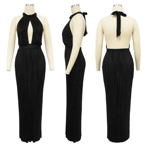 Backless dress, solid color pleated dress